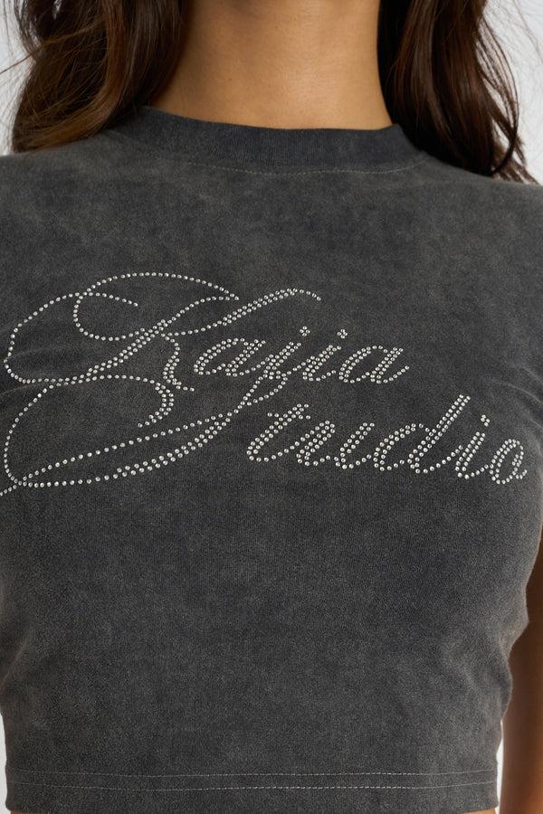 Kaiia Studio Diamante Acid Wash Baby Tee Dark Grey