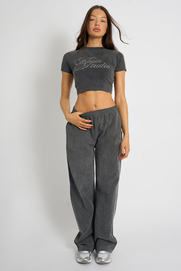 Kaiia Studio Diamante Acid Wash Baby Tee Dark Grey