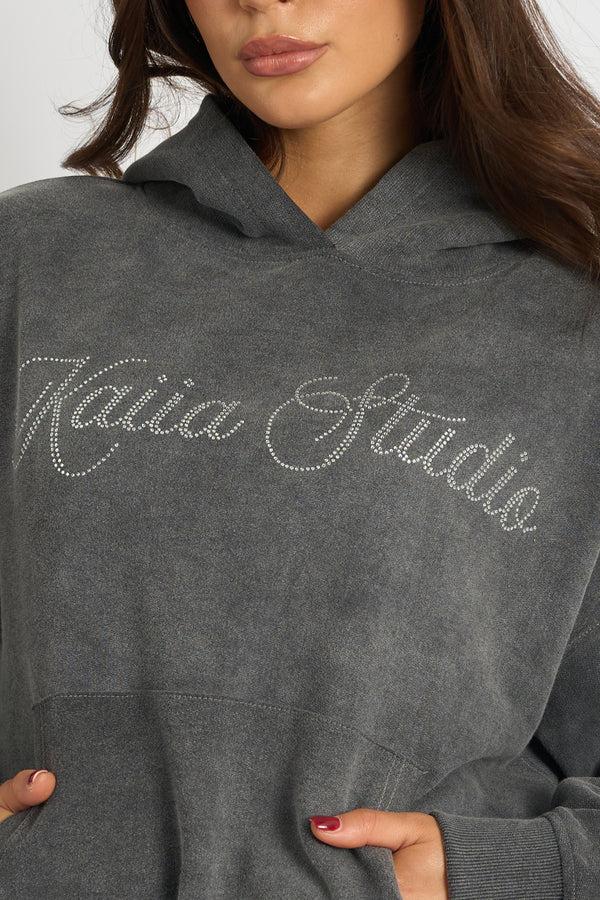 Kaiia Studio Diamante Embellished Acid Wash Oversized Hoodie Dark Grey