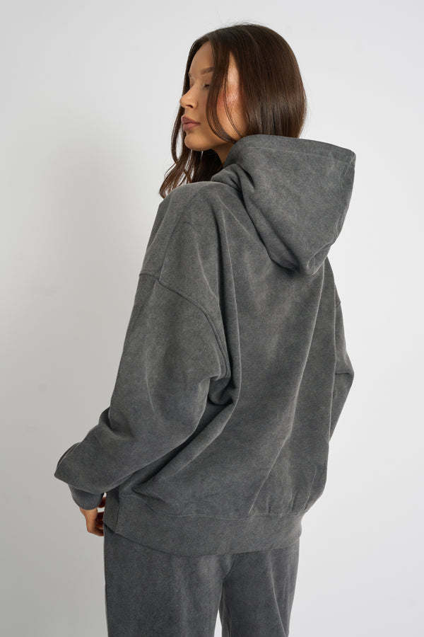 Kaiia Studio Diamante Embellished Acid Wash Oversized Hoodie Dark Grey