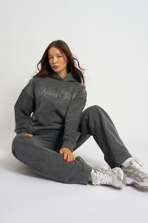 Kaiia Studio Diamante Embellished Acid Wash Oversized Hoodie Dark Grey