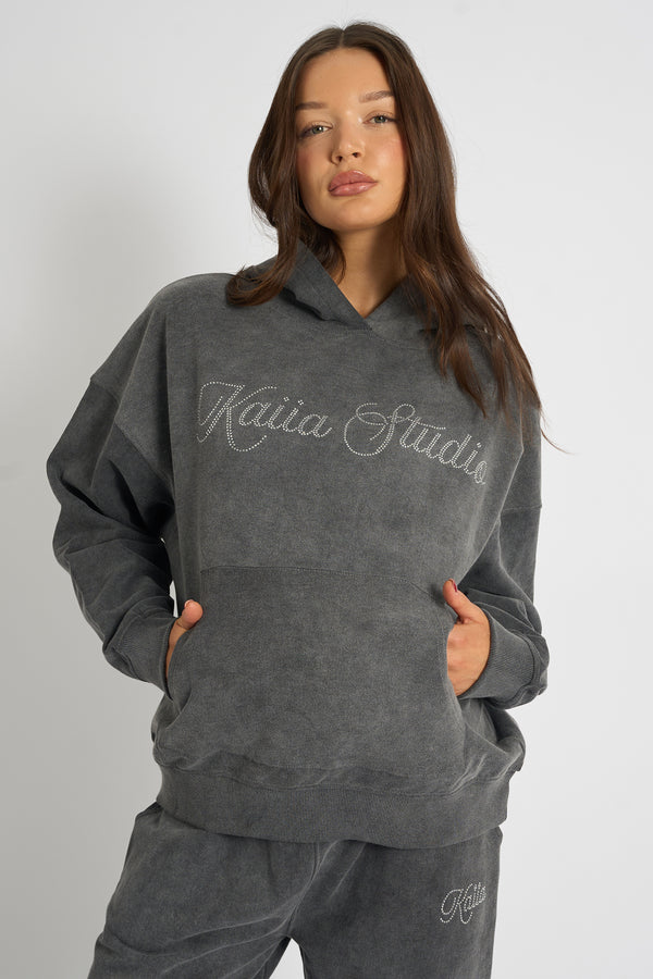 Kaiia Studio Diamante Embellished Acid Wash Oversized Hoodie Dark Grey