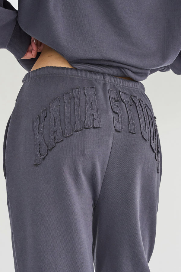 Kaiia Studio Distressed Applique Cuffed Joggers Dark Grey
