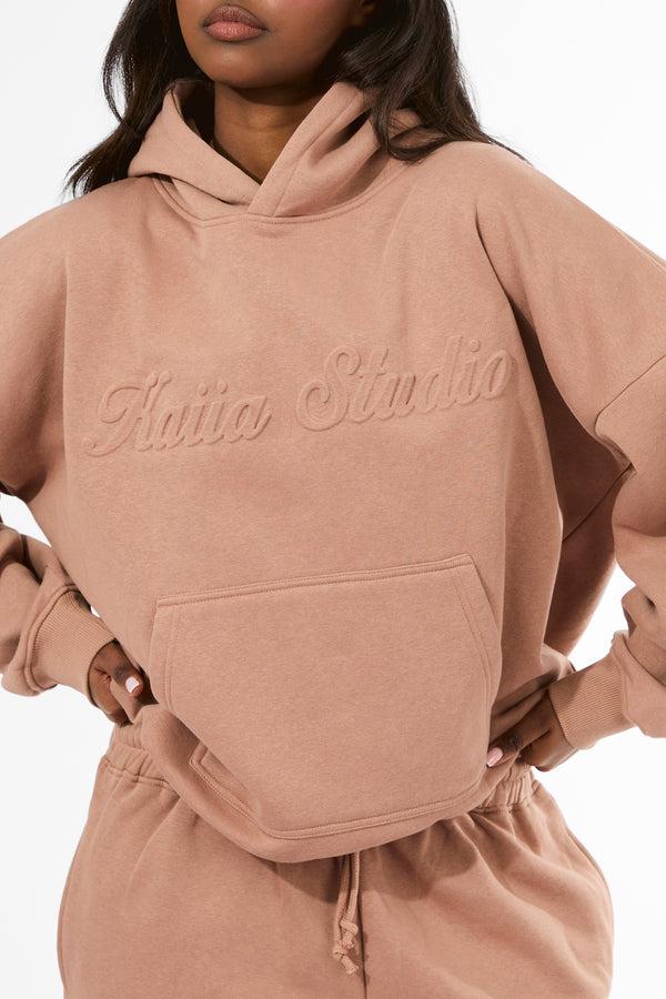 Kaiia Studio Embossed Script Logo Oversized Hoodie Milk Chocolate