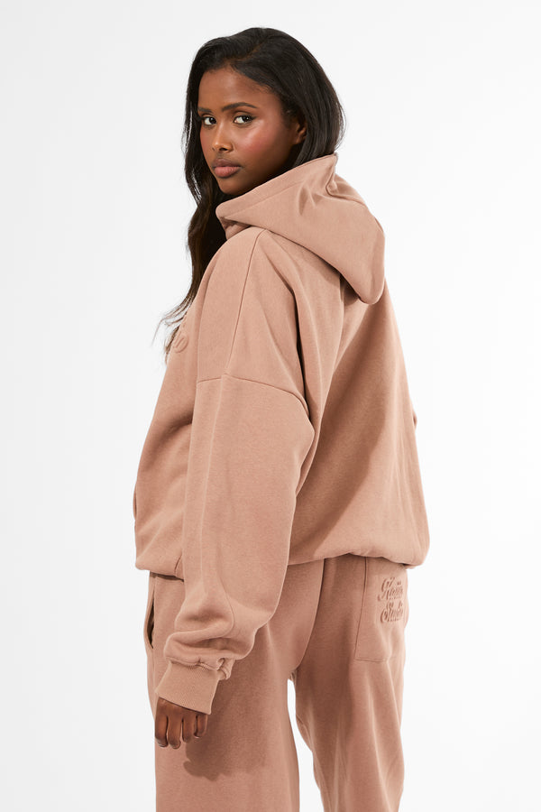 Kaiia Studio Embossed Script Logo Oversized Hoodie Milk Chocolate