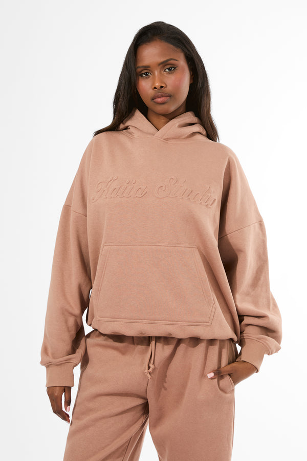 Kaiia Studio Embossed Script Logo Oversized Hoodie Milk Chocolate