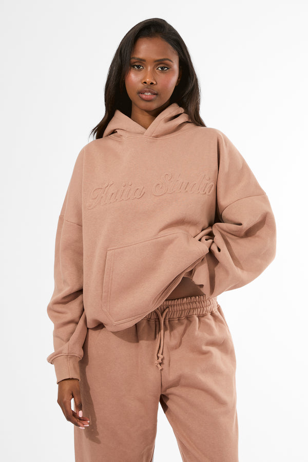 Kaiia Studio Embossed Script Logo Oversized Hoodie Milk Chocolate