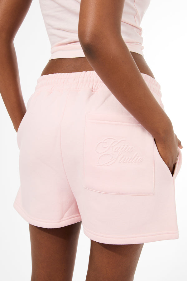 Kaiia Studio Embossed Script Logo Oversized Shorts Strawberry Pink