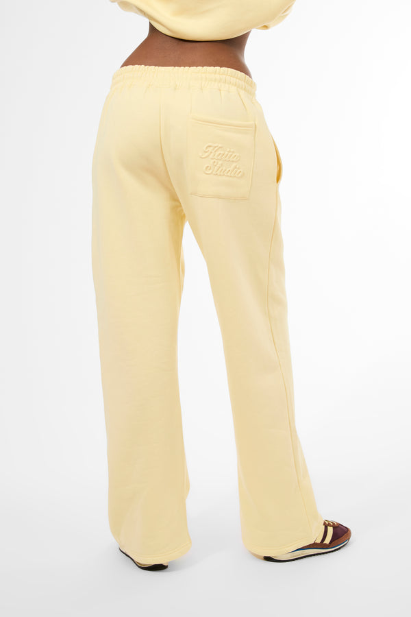 Kaiia Studio Embossed Script Logo Wide Leg Joggers Lemon Sorbet