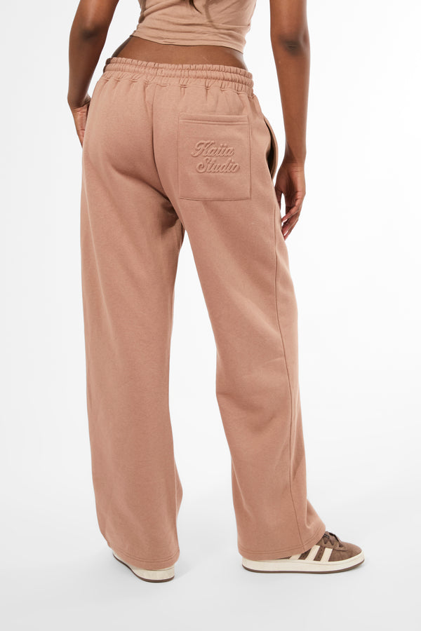 Kaiia Studio Embossed Script Logo Wide Leg Joggers Milk Chocolate