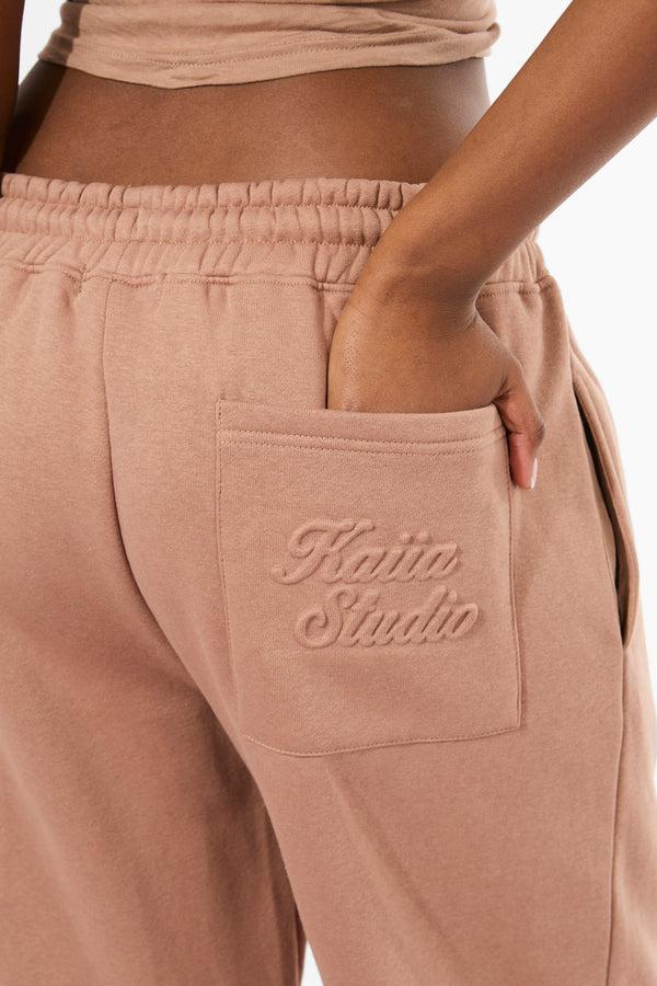 Kaiia Studio Embossed Script Logo Wide Leg Joggers Milk Chocolate