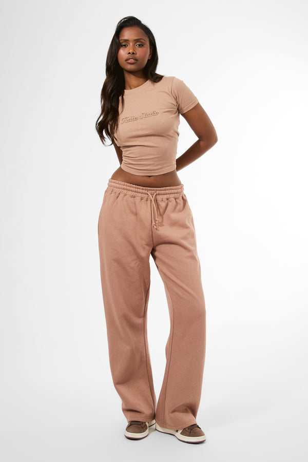 Kaiia Studio Embossed Script Logo Wide Leg Joggers Milk Chocolate