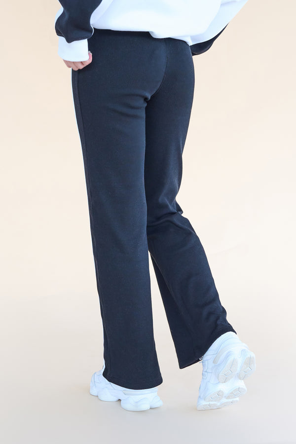 Kaiia Studio Piping Ribbed Wide Leg Leggings Black & White