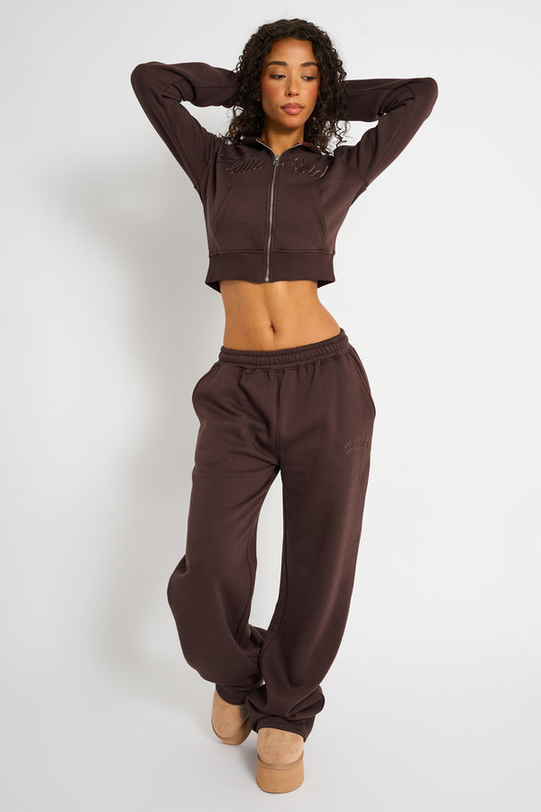 Kaiia Studio Script Logo Cropped Zip Up Hoodie Mocha
