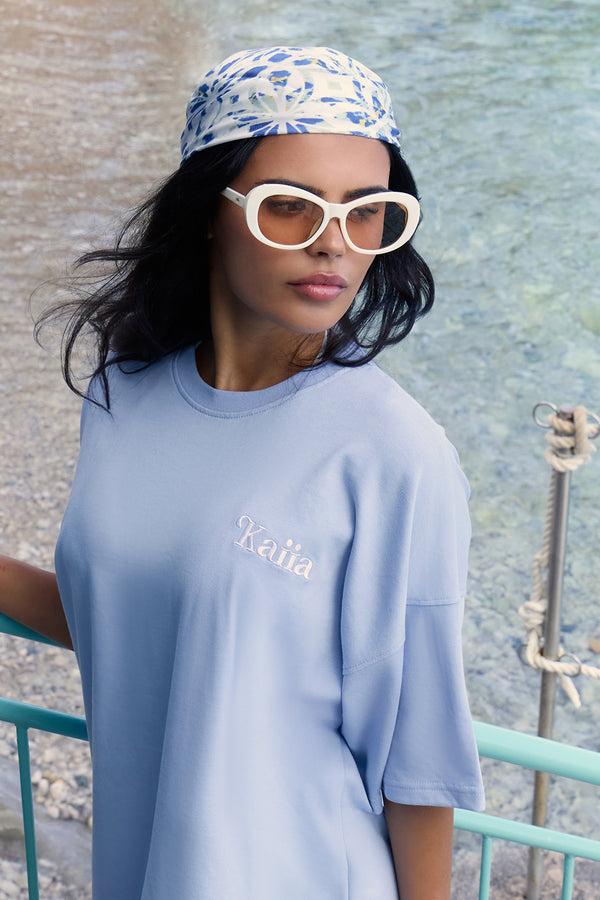 Kaiia Sur La Vacances Back Graphic Oversized T-Shirt Baby Blue