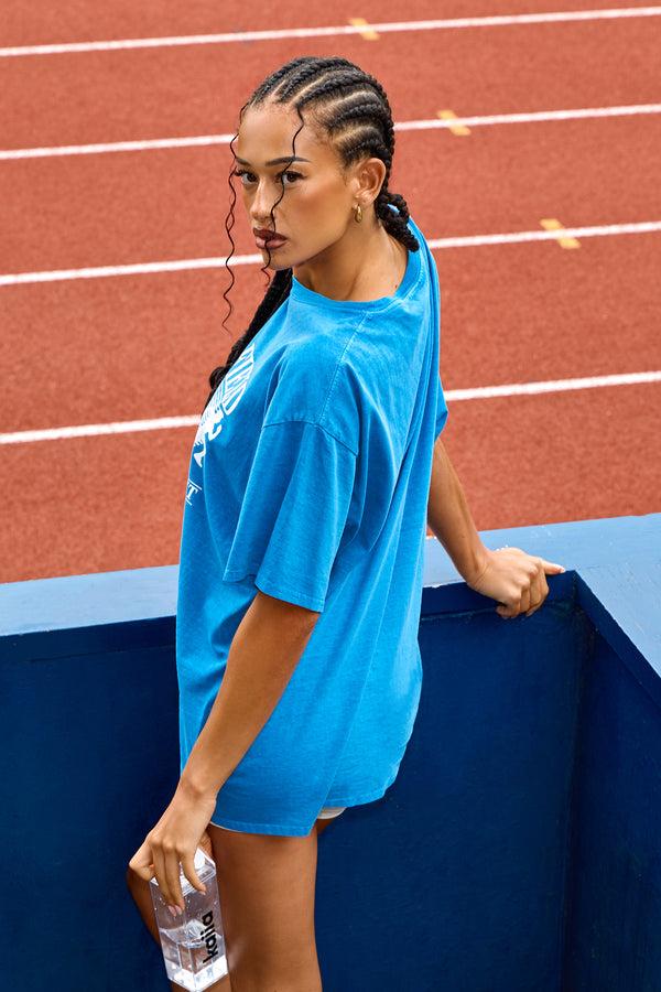 Kaiia Track & Field Print Overdyed Oversized T-shirt Cobalt Blue