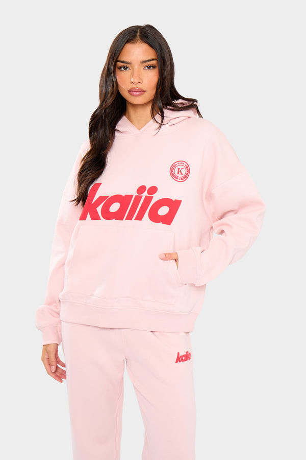 Kaiia Varsity Oversized Hoodie Baby Pink & Red