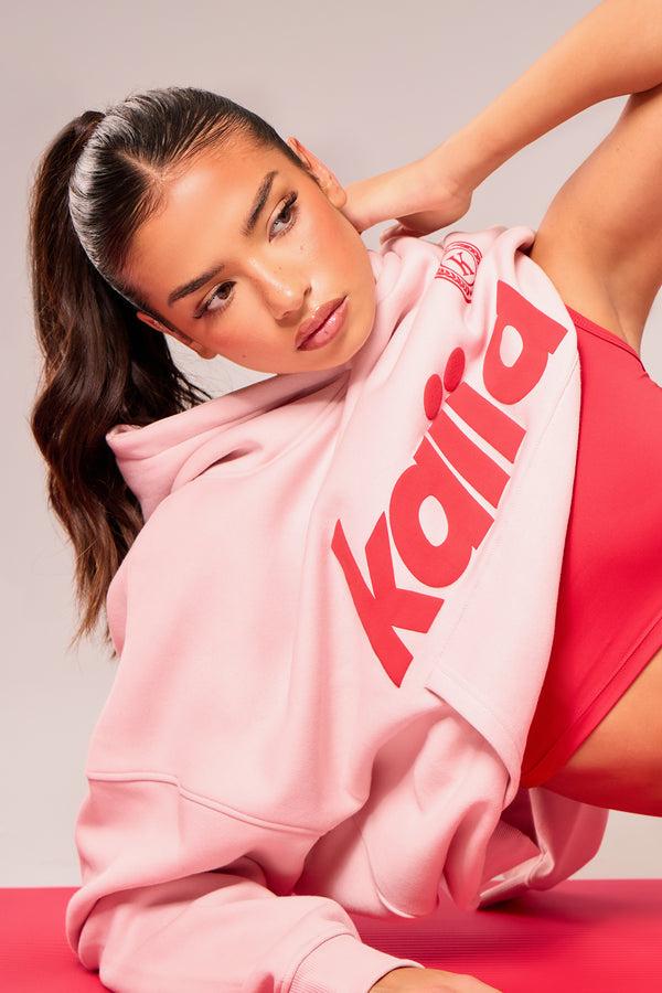 Kaiia Varsity Oversized Hoodie Baby Pink & Red