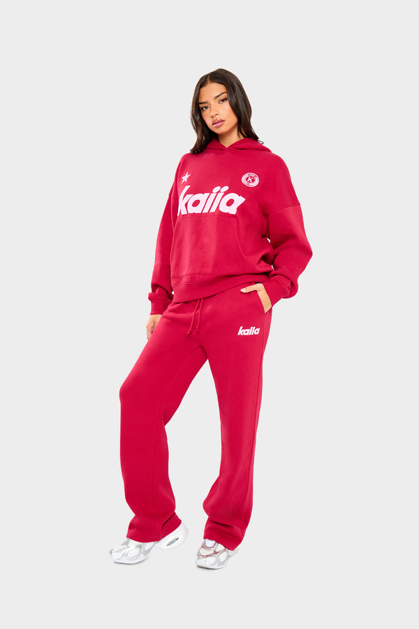 Kaiia Varsity Oversized Hoodie Red & Baby Pink