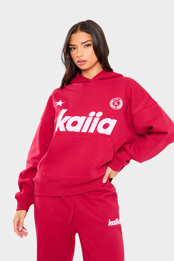 Kaiia Varsity Oversized Hoodie Red & Baby Pink