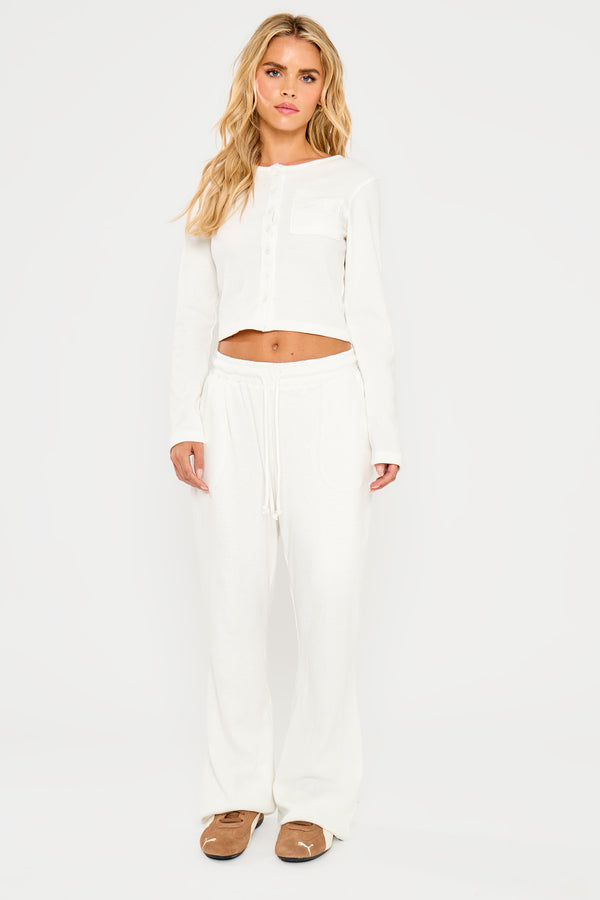 Kaiia Waffle Button Up Long Sleeve Top Cream