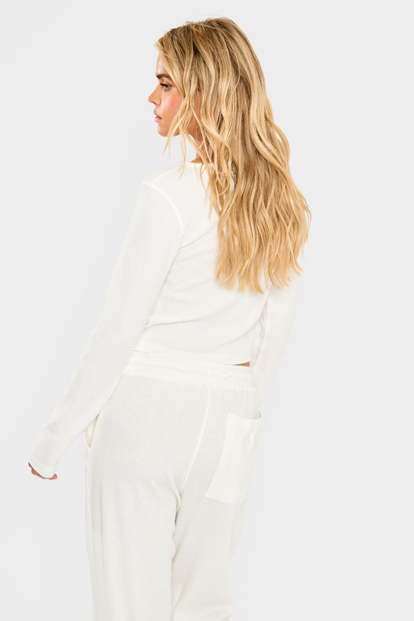 Kaiia Waffle Button Up Long Sleeve Top Cream