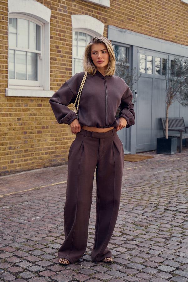 Kaiia Zip Through Bomber Style Sweatshirt Dark Brown