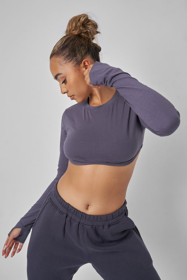 Long Sleeve Underbust Crop Top Dark Grey