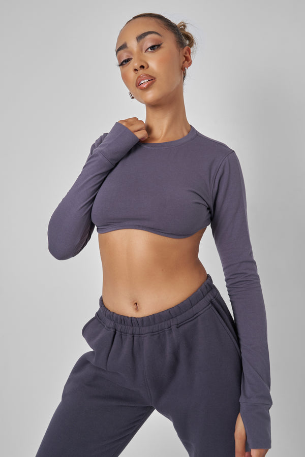 Long Sleeve Underbust Crop Top Dark Grey