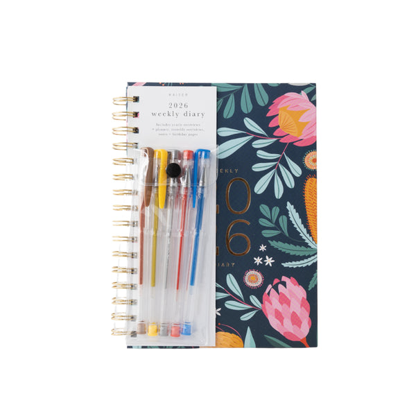 kaisercraft 2026 A5 Weekly Spiral Diary & Pen - Indigo Flora