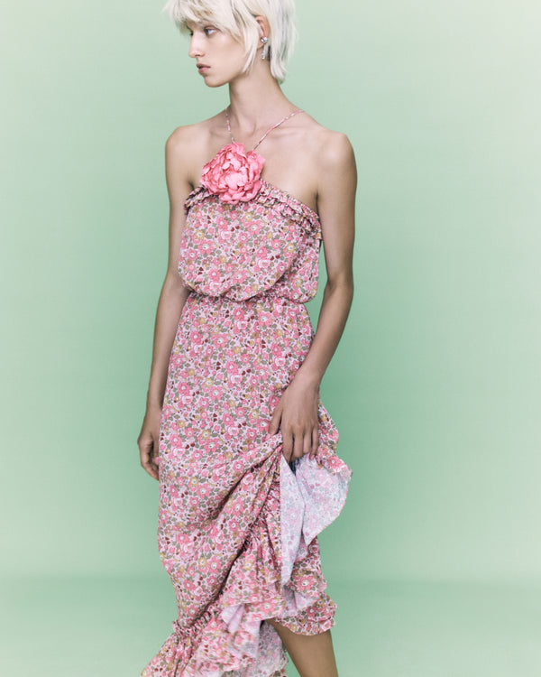 Kalmanovich Frilled Silk Dress With A Decorative Flower