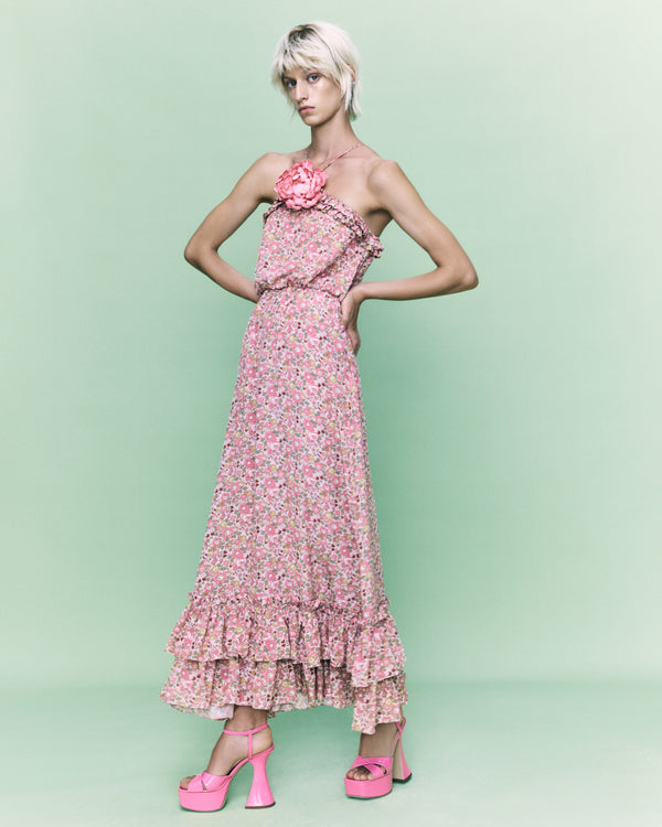 Kalmanovich Frilled Silk Dress With A Decorative Flower