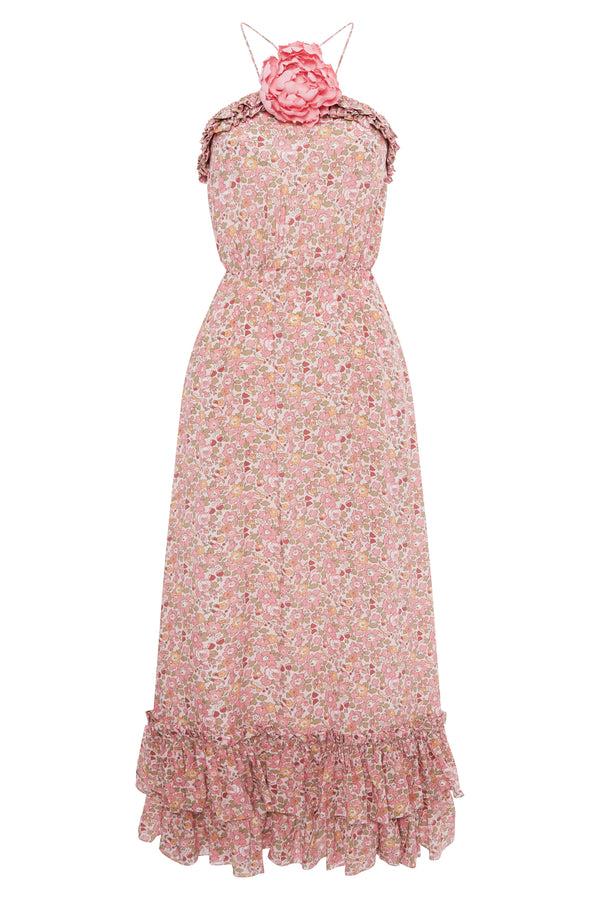 kalmanovich Frilled silk dress with a decorative flower