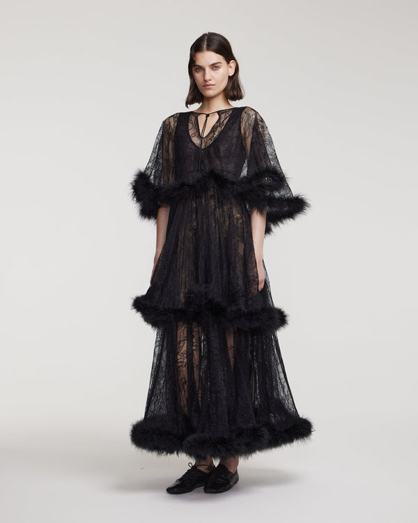 Kalmanovich Lace Dress With Marabou Feather Trim