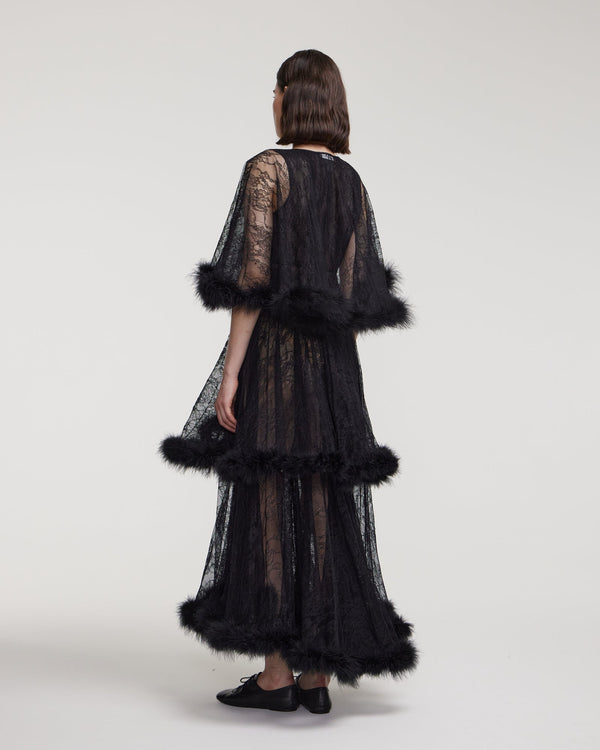 Kalmanovich Lace Dress With Marabou Feather Trim