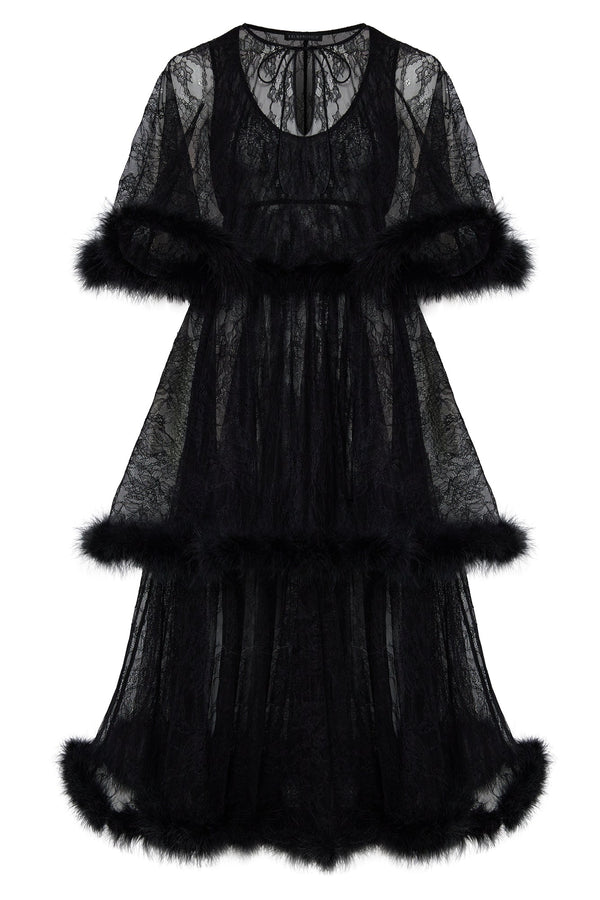 kalmanovich Lace dress with marabou feather trim