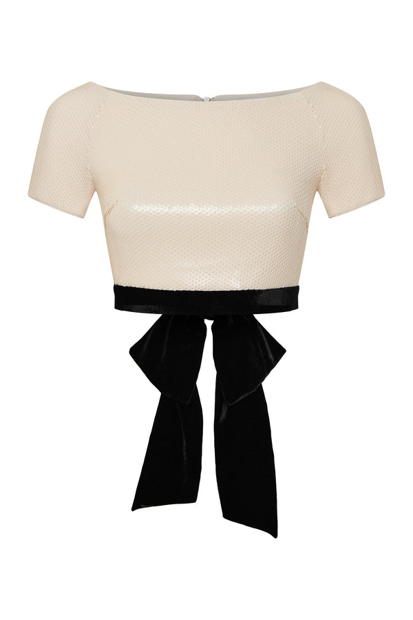 kalmanovich Sequin top with decorative bow