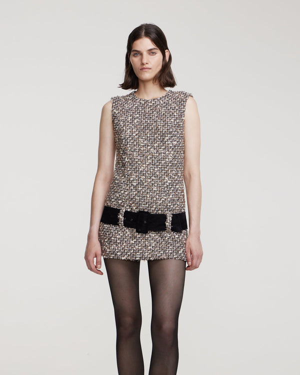 Kalmanovich Sleeveless Tweed Mini Dress With Suede Belt