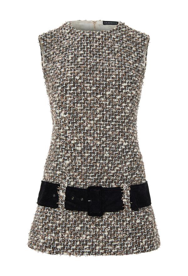 kalmanovich Sleeveless tweed mini dress with suede belt