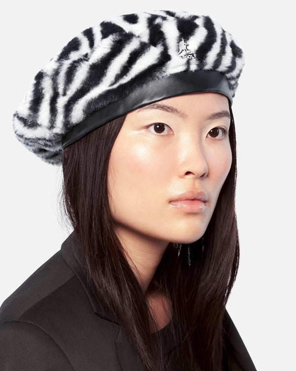 Faux Fur Beret Hat White Zebra