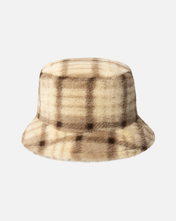 Faux Fur Bucket Hat Beige Multi Plaid