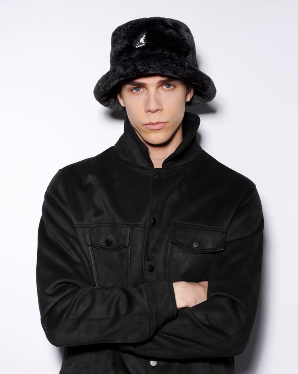 Faux Fur Bucket Hat Beige Multi Plaid