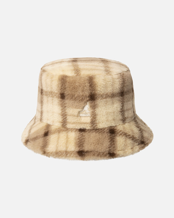 Faux Fur Bucket hat Beige Multi Plaid