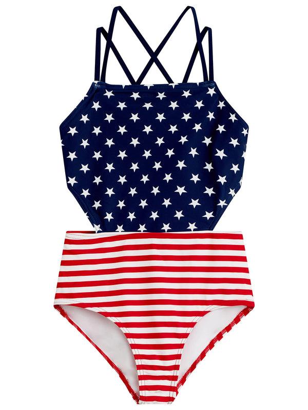 kanu surf Girls' America Cut-Out 1-pc Swimsuit Red/White/Blue