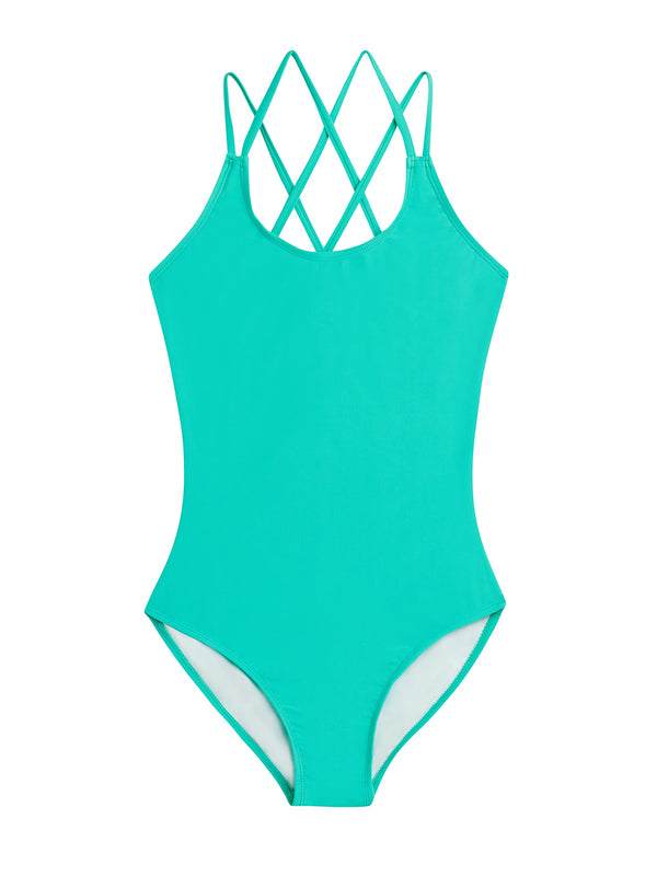 kanu surf Girls' Solid Criss Cross 1-pc Swimsuit Atlantis