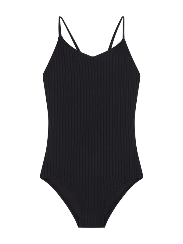 kanu surf Girls' Solid Drop Needle V-Neck 1-pc Swimsuit Black