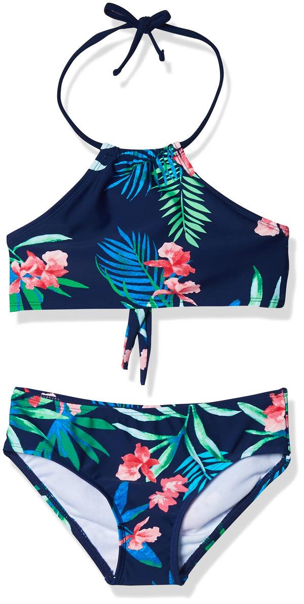 kanu surf Girls' Leonie Floral Halter Bikini Navy