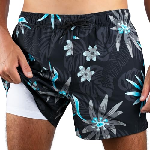 kanu surf Men's Adventure 5" Stretch Swim Trunks Black/Aqua