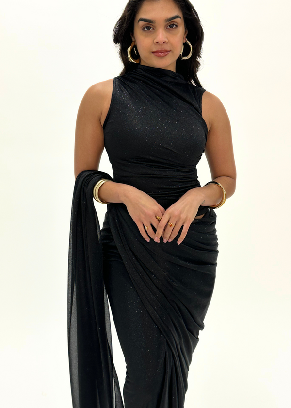 Kanya London Black Glitter Saree Sleeveless (MADE TO ORDER)