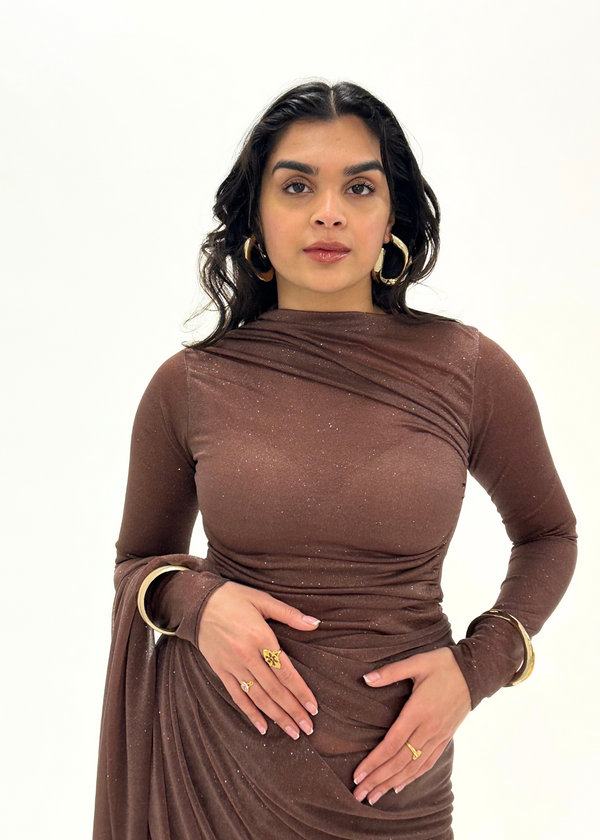 Kanya London Brown Glitter Saree Long Sleeve (MADE TO ORDER)